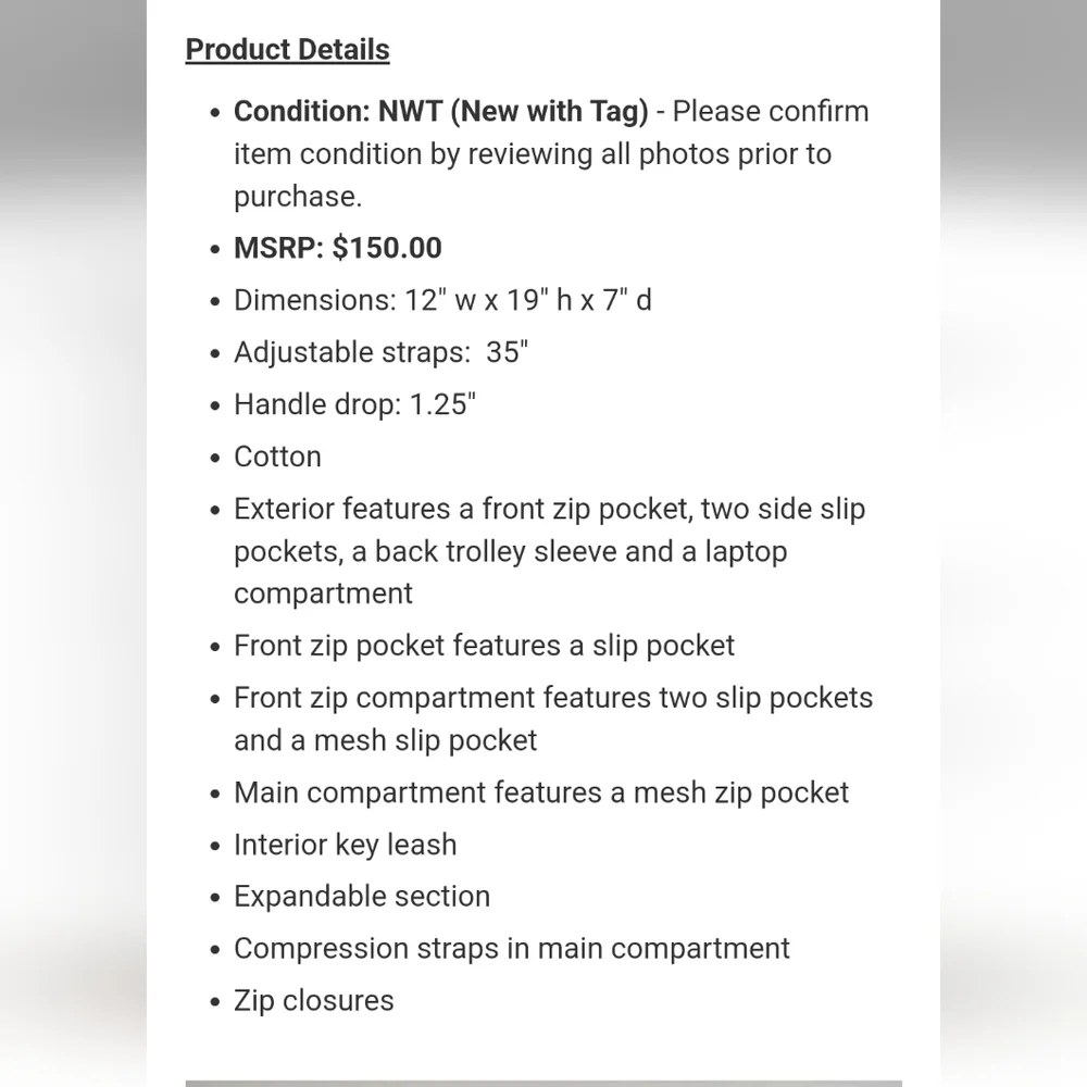 Vera Bradley measurements description